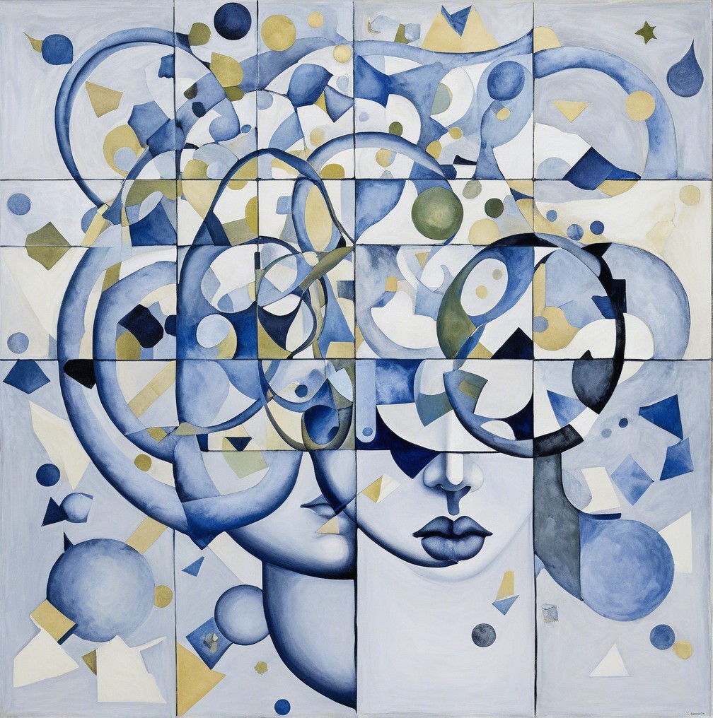 Abstract Artwork with Blue, White, and Gold Shapes