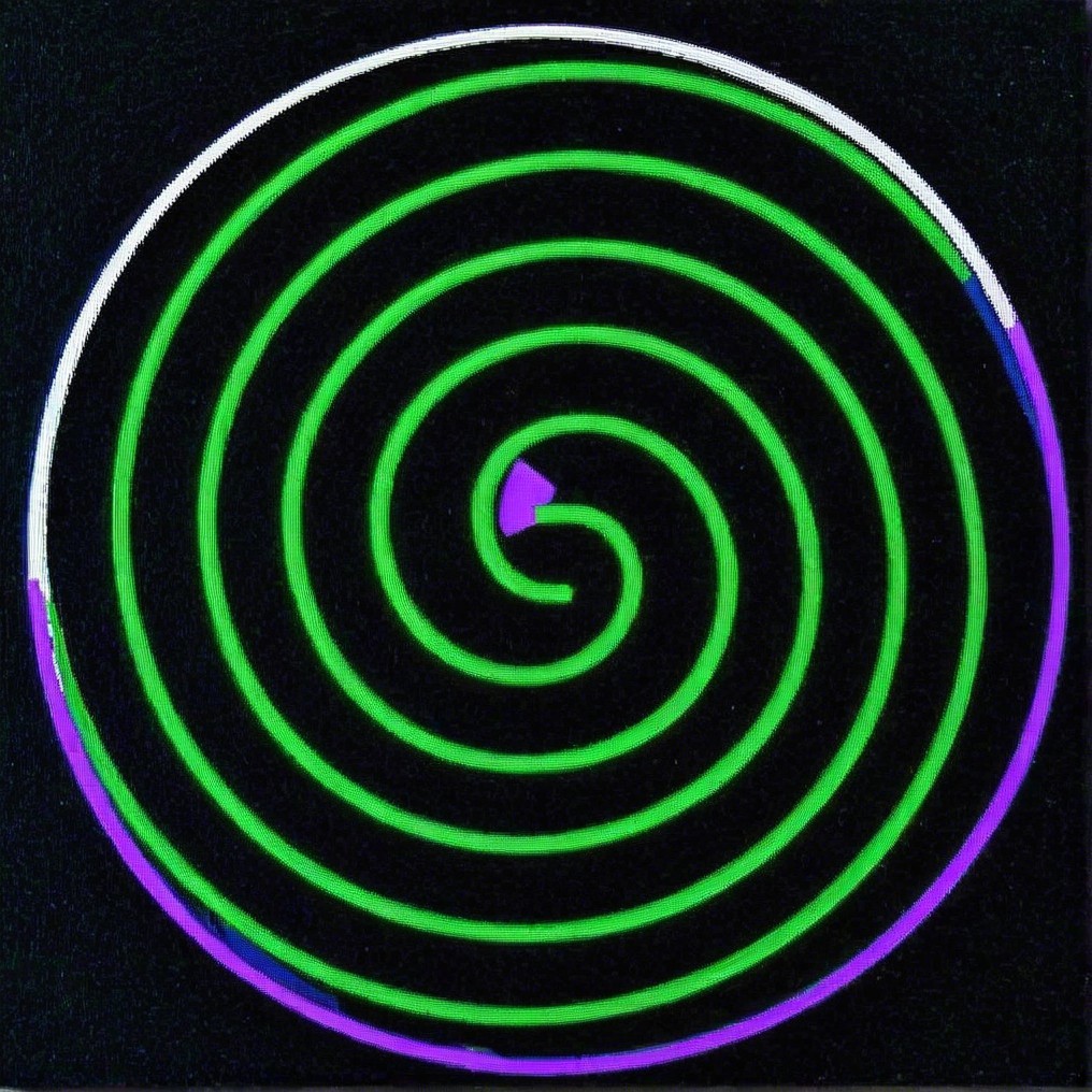 Vibrant Spiral Design in Green and Purple on Black