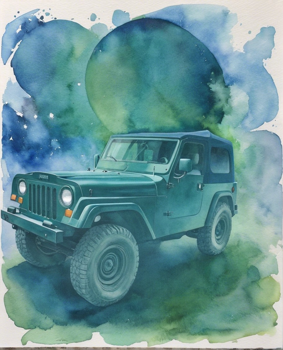 Watercolor Painting of Jeep in Abstract Landscape