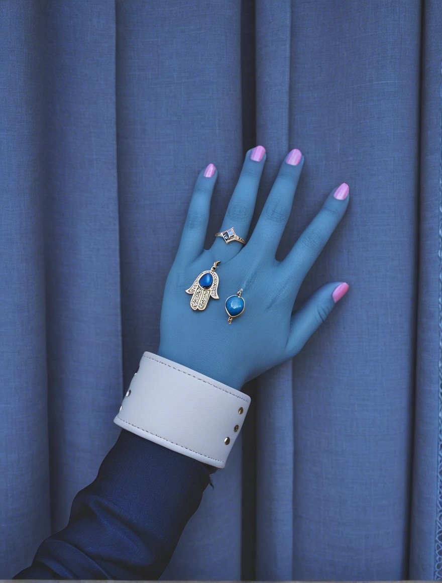 Stylized Hand with Blue Hue and Intricate Jewelry