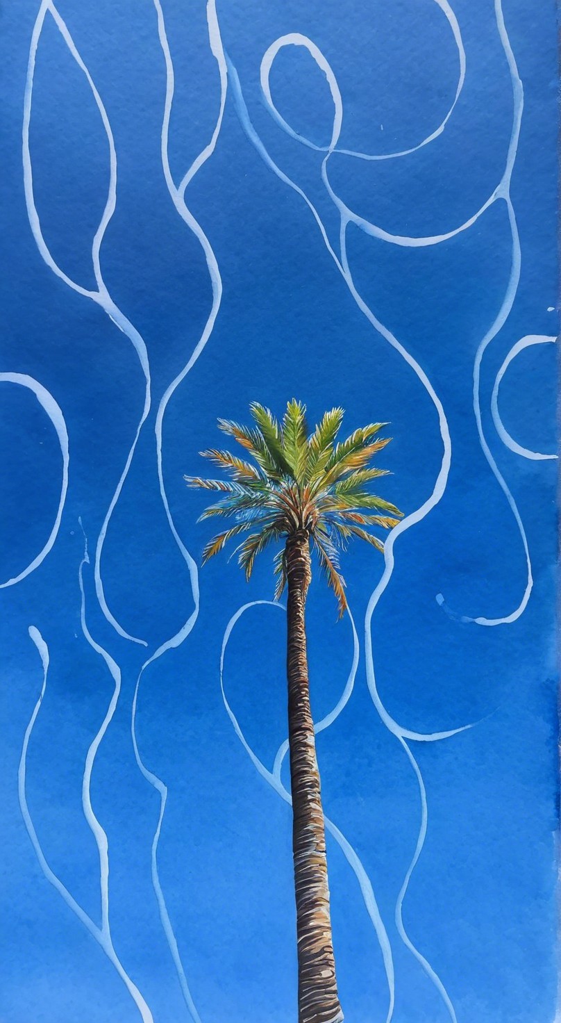Impressionist Watercolor of Palm Tree on Blue Canvas
