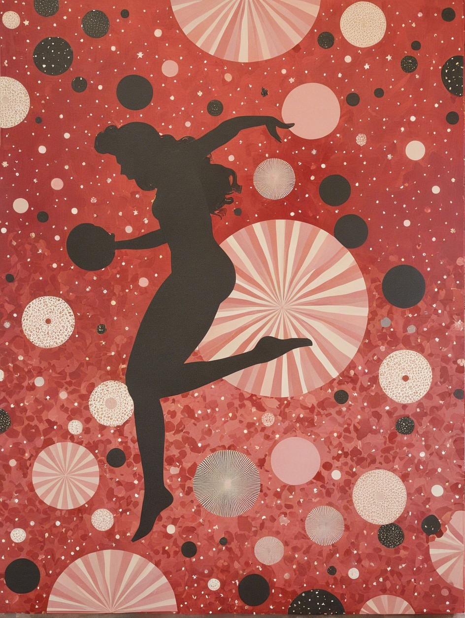 Dynamic Silhouette of Woman on Red Background with Circles