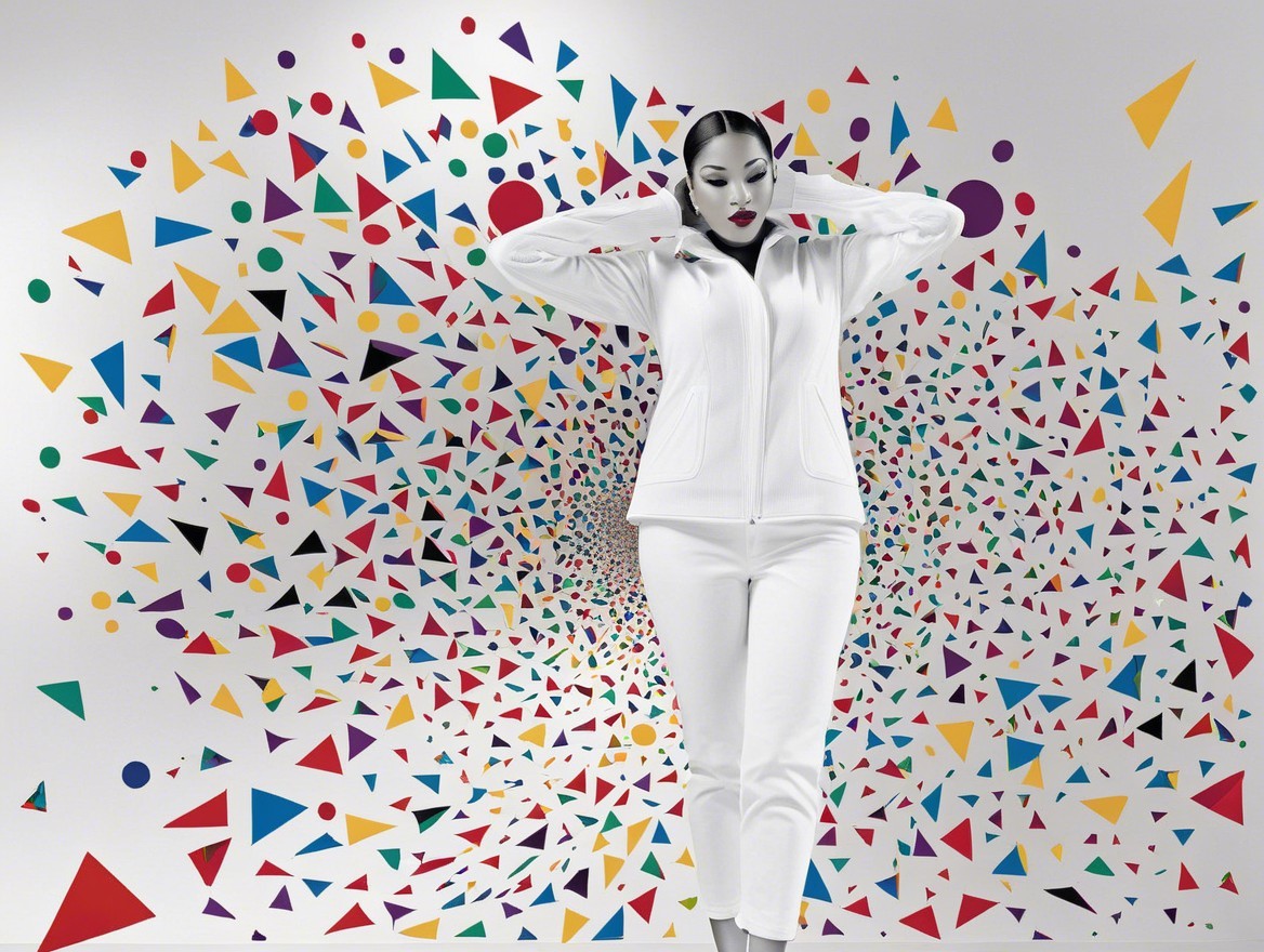 Model in White Outfit Against Abstract Colorful Background