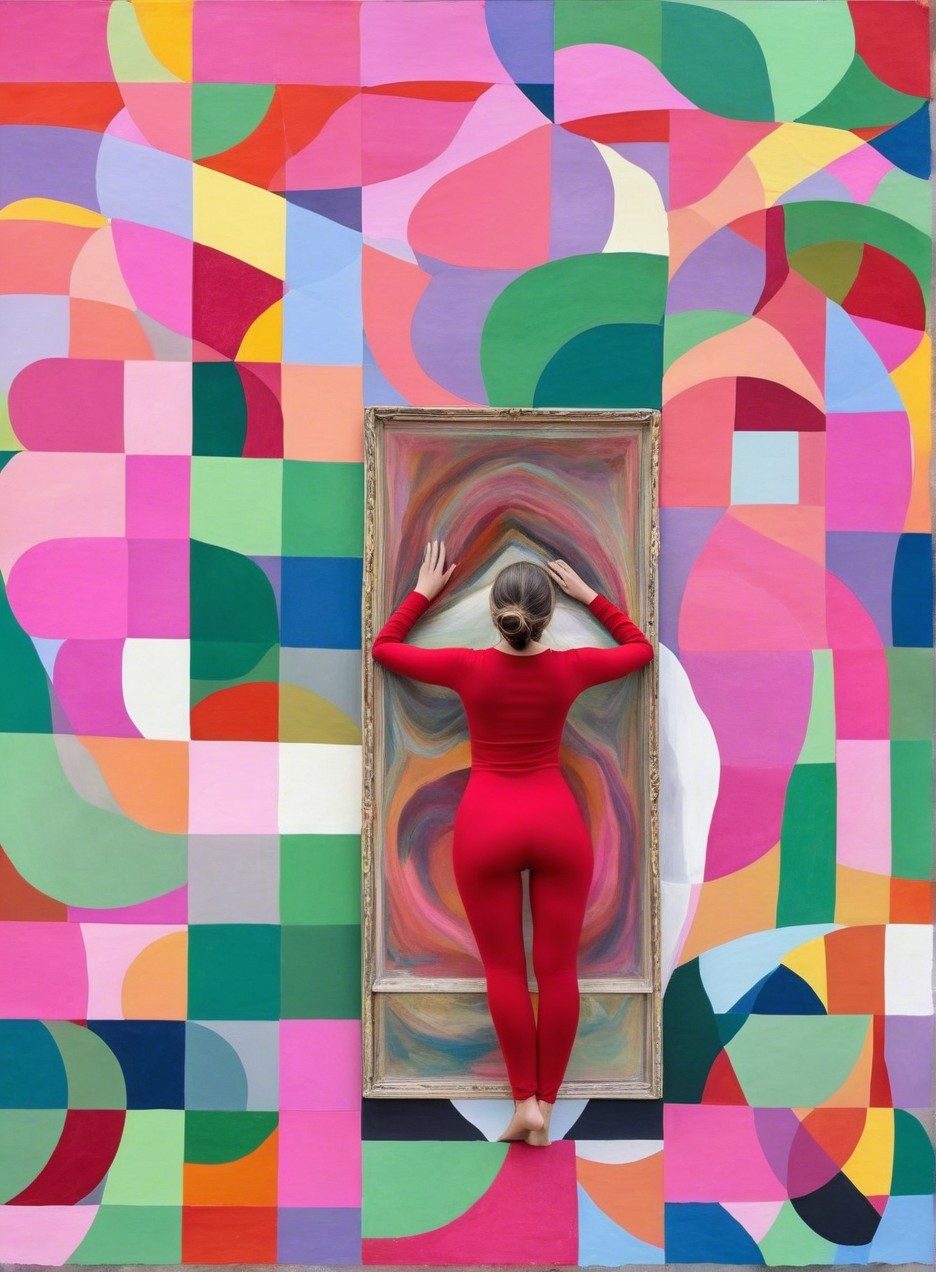 Barefoot Woman in Red-Orange Bodysuit by Abstract Art