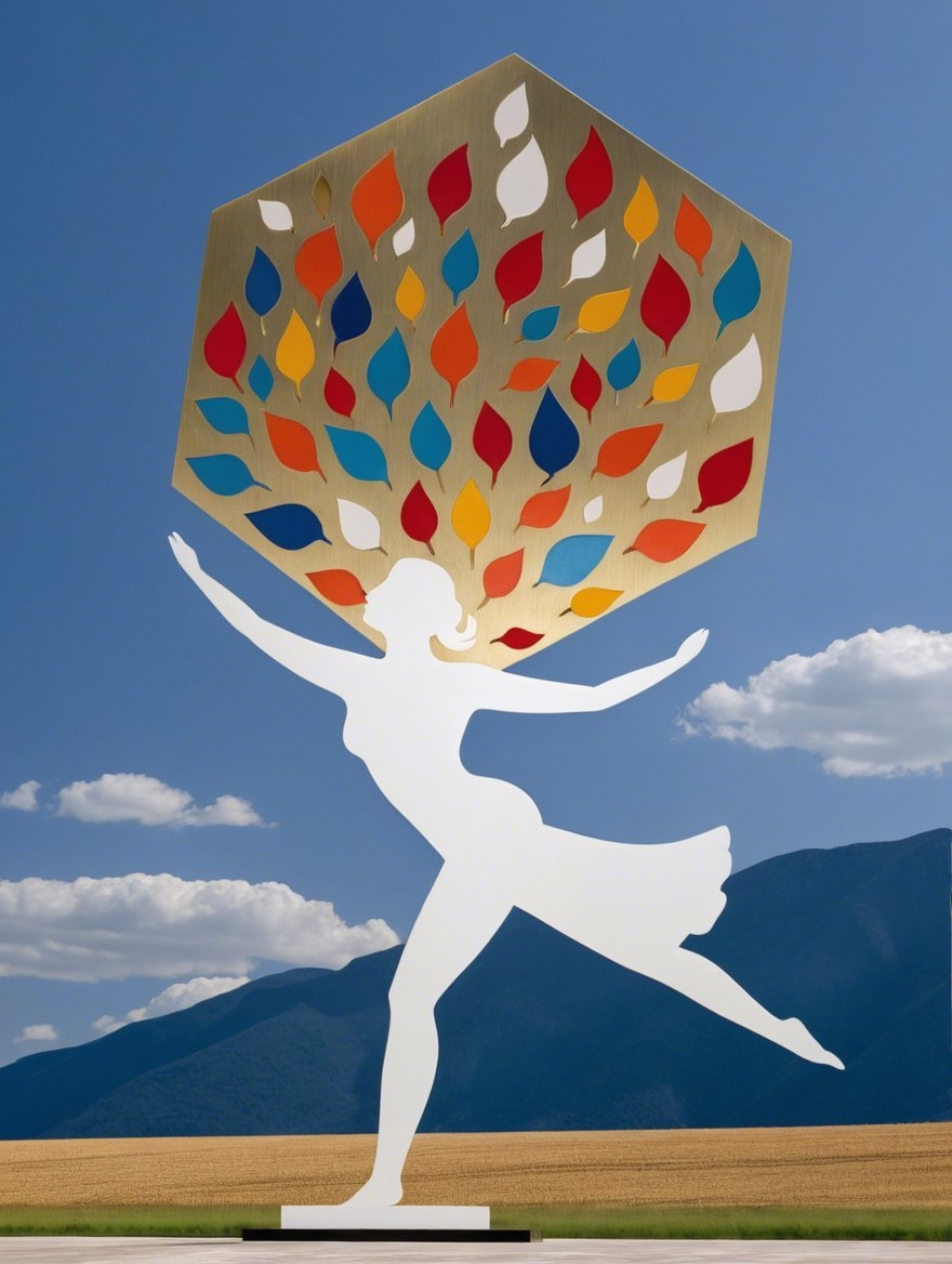 Outdoor sculpture of a dancing woman with crown of leaves
