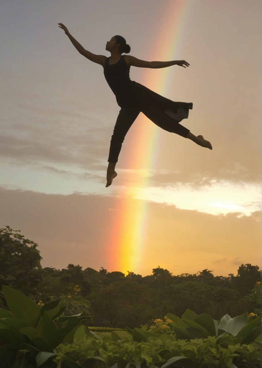 Dancer Leaps Against Sunset and Rainbow Background