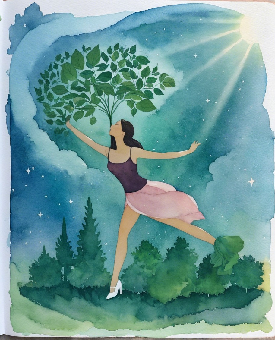 Joyful Dance with Green Leaves Against Serene Sky
