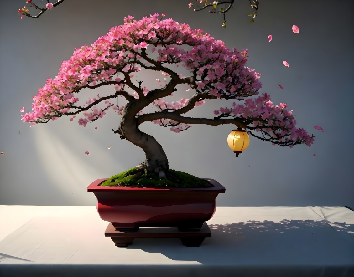 Pink Blossom Bonsai Tree in Red Pot with Lantern Glow