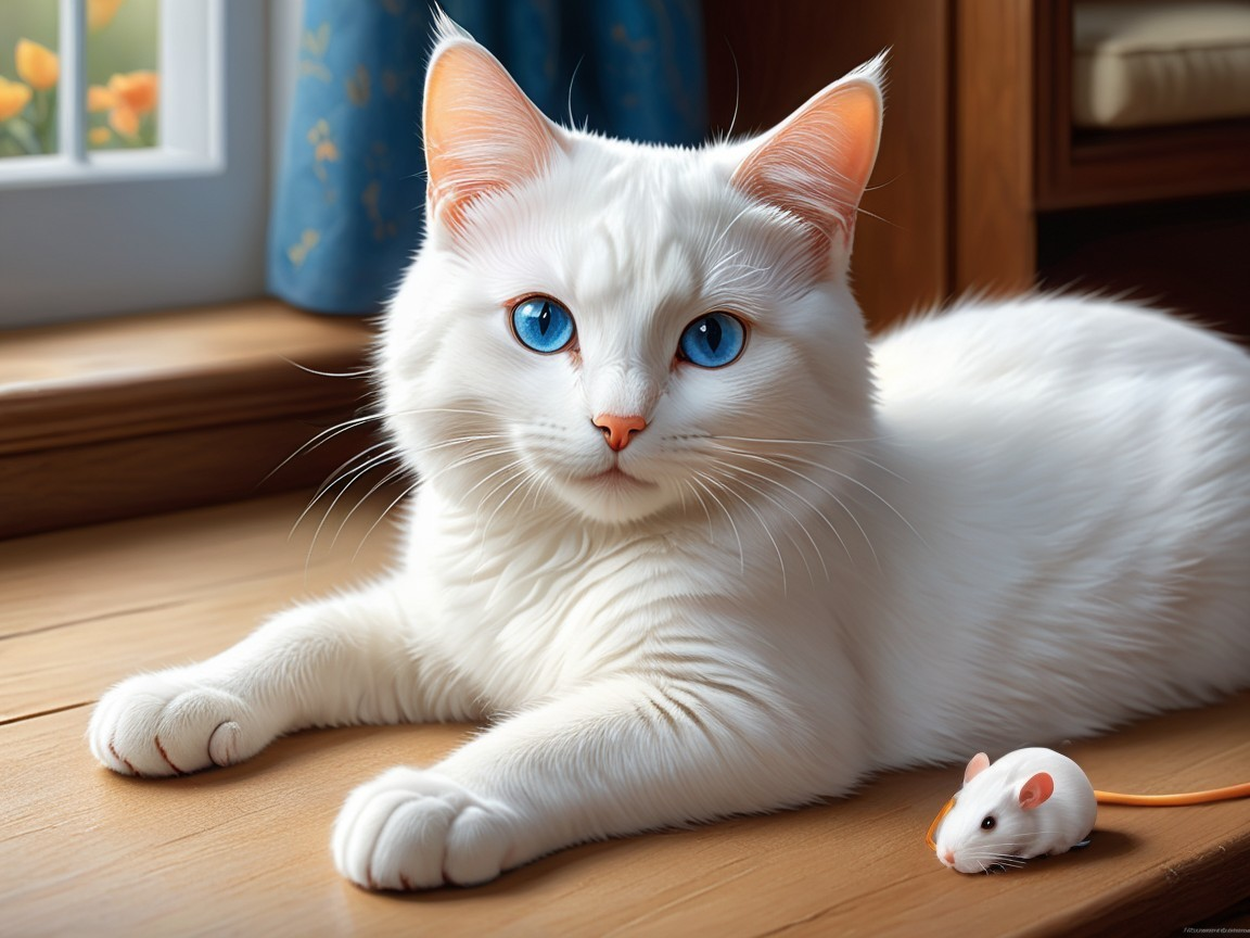 Fluffy White Cat with Blue Eyes on Wooden Floor