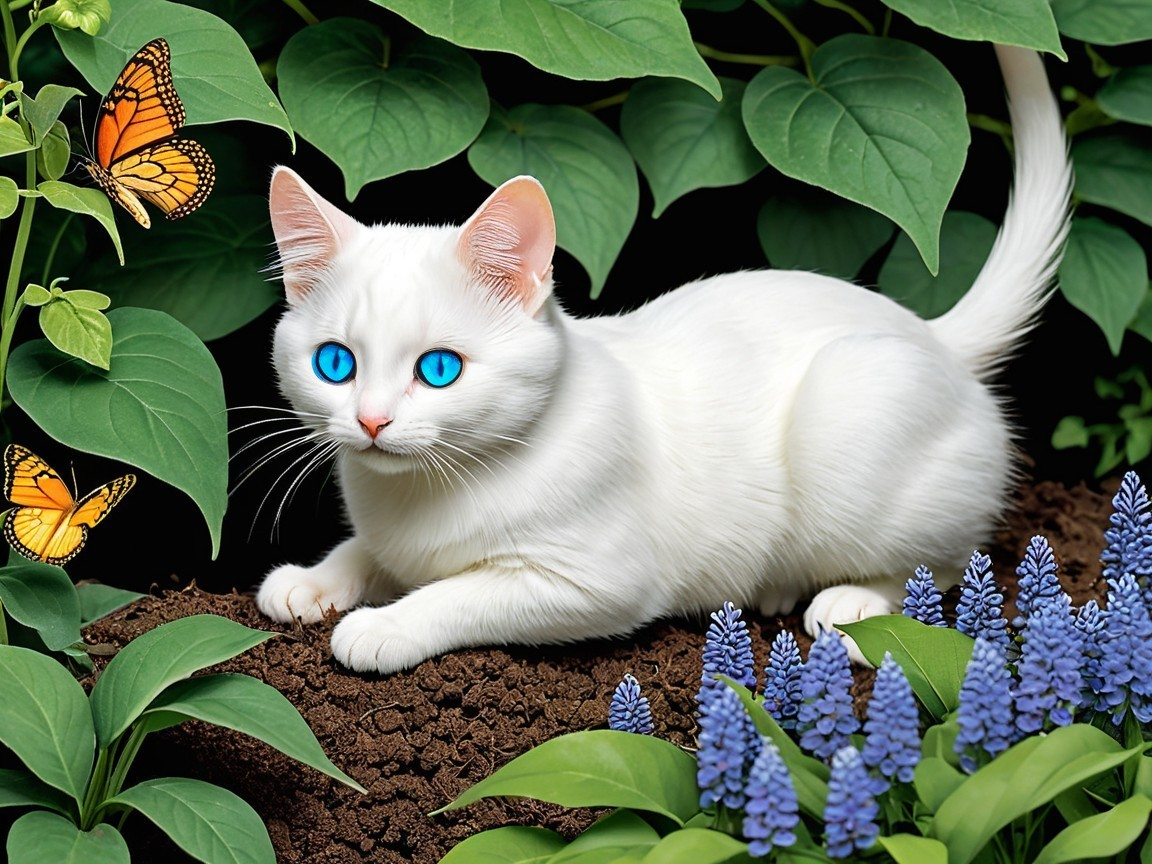 Fluffy White Cat Among Vibrant Greenery and Flowers