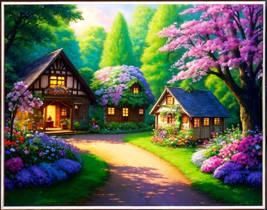 Charming cottages nestled in lush greenery and colorful flowers