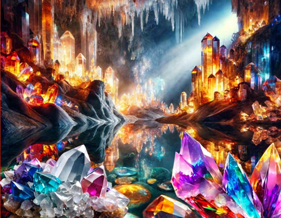 Colorful Crystal Cave with Glowing Gemstones and River