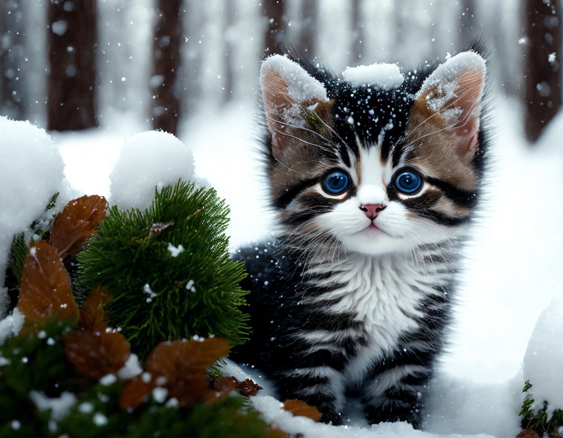 Blue-eyed kitten in black and white coat sitting in snow with snowflakes