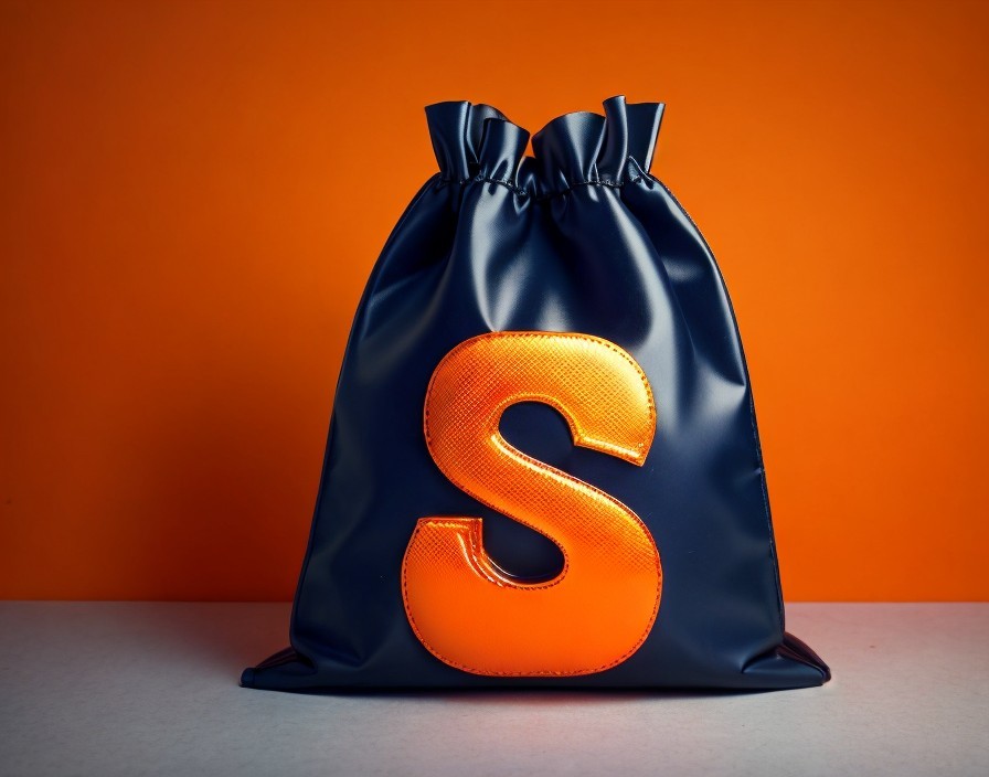Black Glossy Finish Bag with Orange Letter 'S' on Orange Backdrop