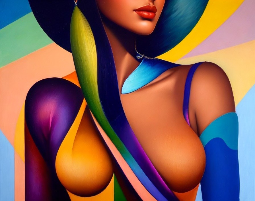 Colorful surreal portrait of a woman with multicolored hat and hair