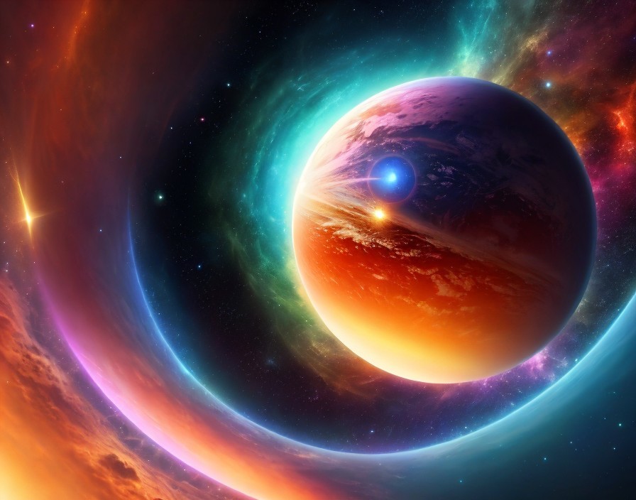 Large planet with glowing horizon in vibrant cosmic scene