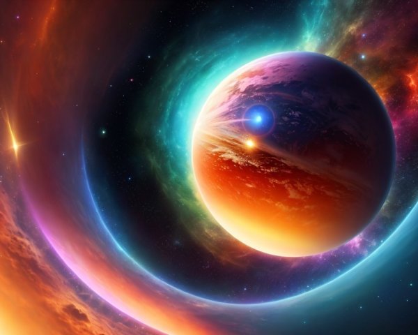 Large planet with glowing horizon in vibrant cosmic scene
