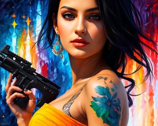 Vibrant digital artwork: woman with tattoos holding a gun