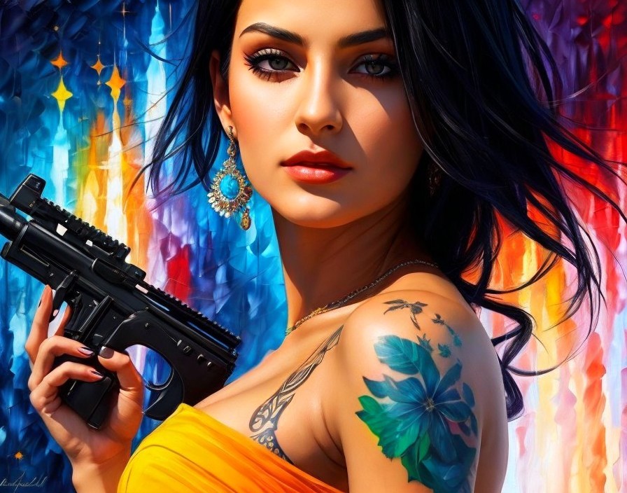 Vibrant digital artwork: woman with tattoos holding a gun