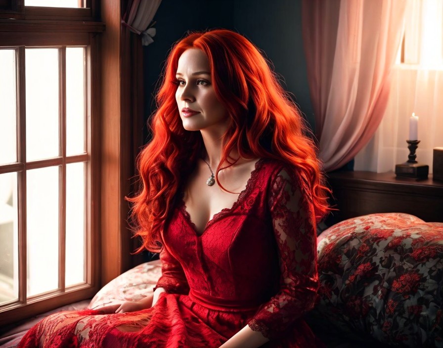 Red-haired woman in lace gown by window with soft light