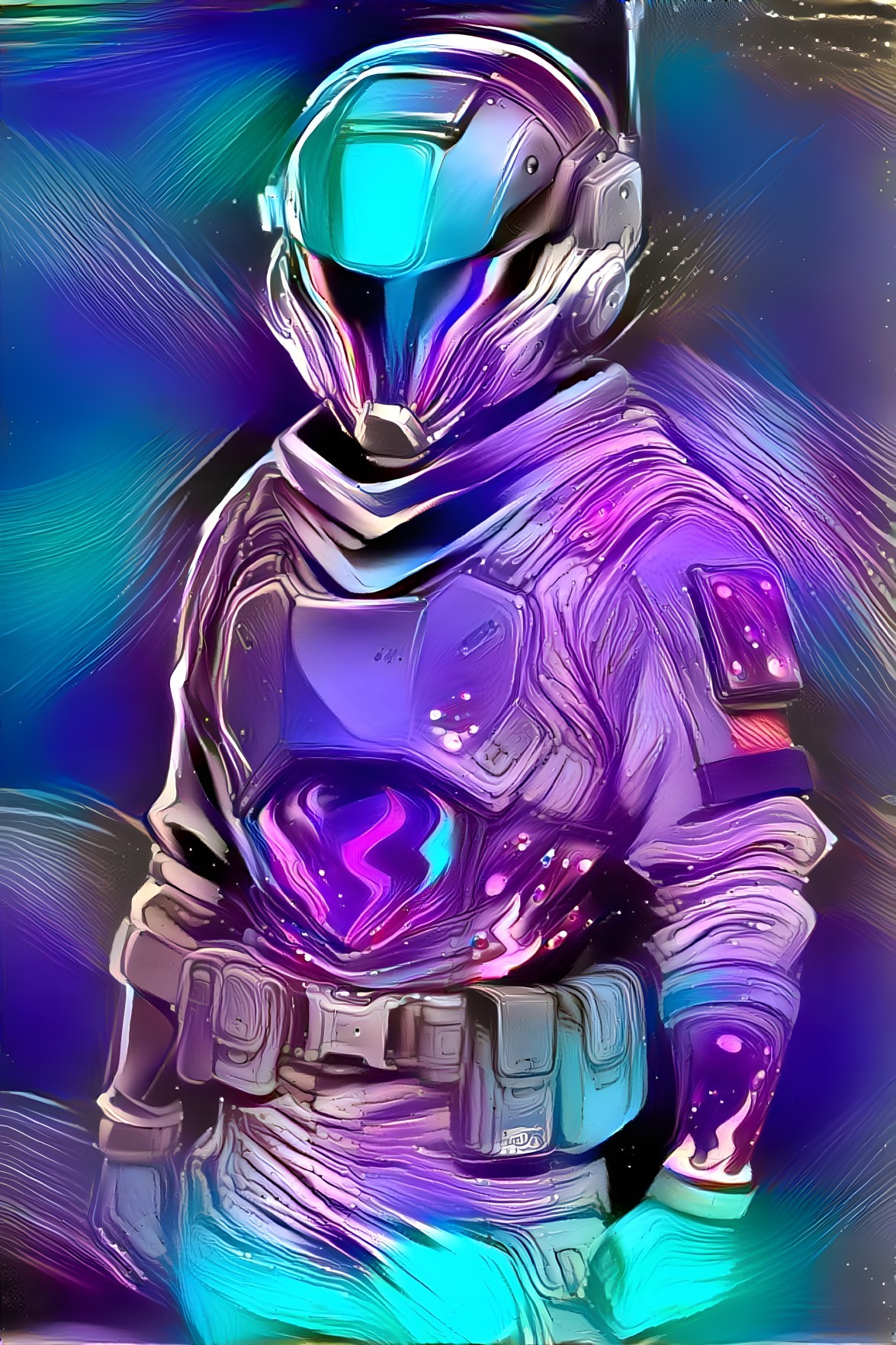 Futuristic Armored Figure in Vibrant Purple and Blue Suit
