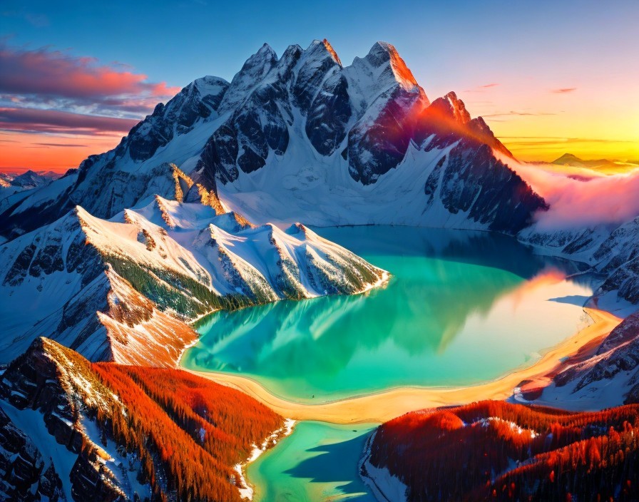 Scenic sunset over snowy mountain, turquoise lake, autumn forests