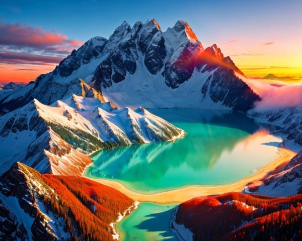 Scenic sunset over snowy mountain, turquoise lake, autumn forests