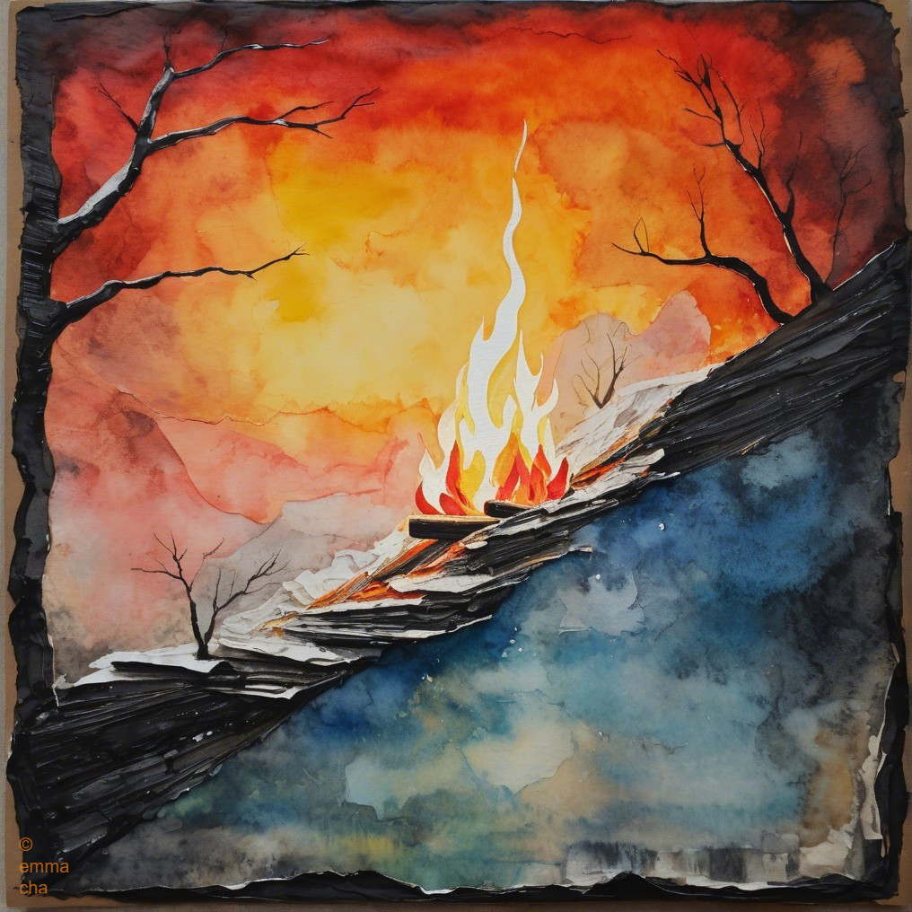 Fiery Blaze on Mountain with Sunset Sky in Watercolor