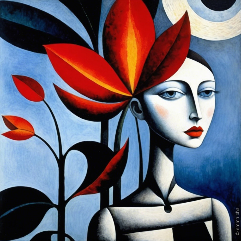 Stylized Female Figure Surrounded by Bold Flora