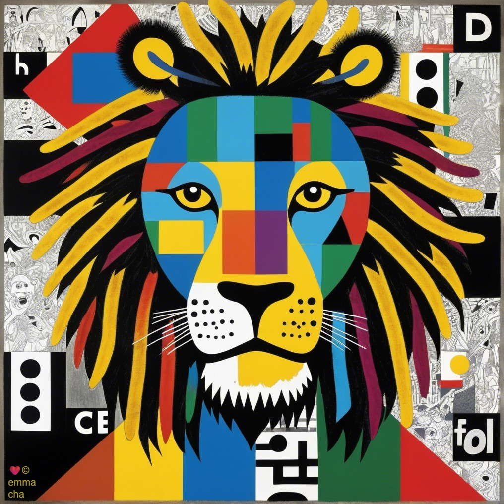Abstract Lion Face with Bold Colors and Geometric Shapes