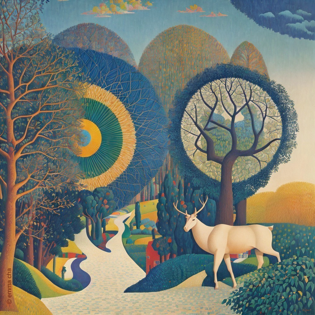 Serene Landscape with Vibrant Trees and White Deer