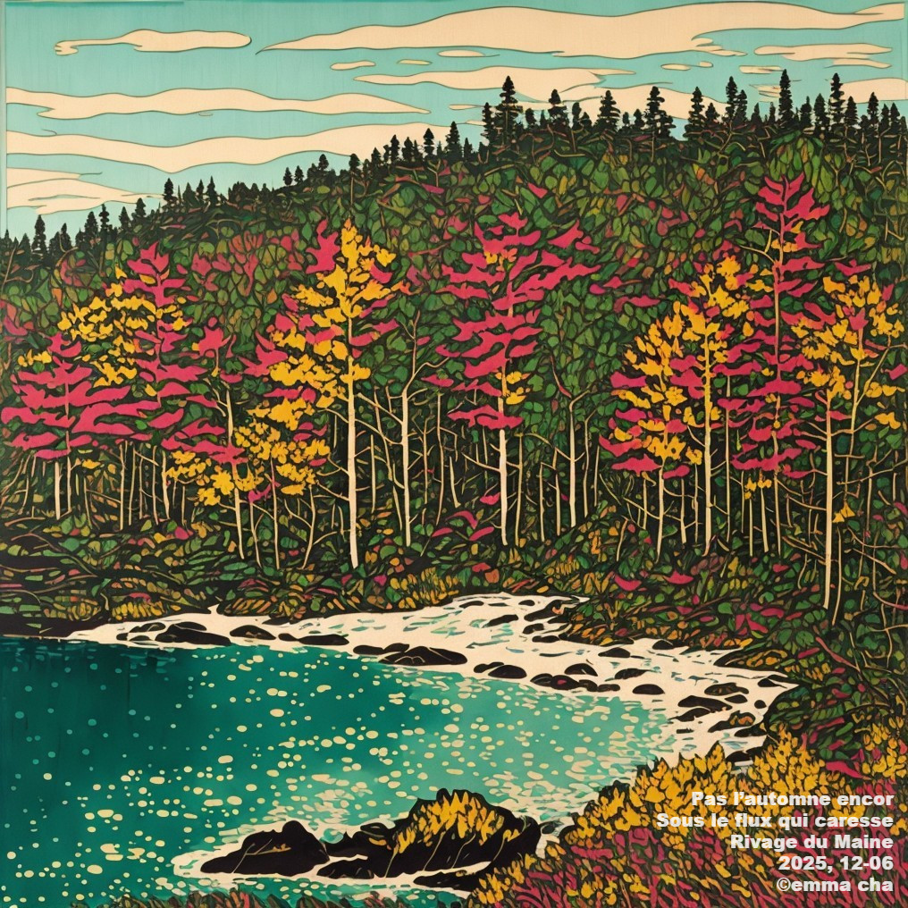 Coastal Scene with Evergreen and Deciduous Trees