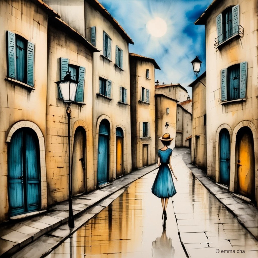 Serene Sunlit Street Scene with Pastel Buildings