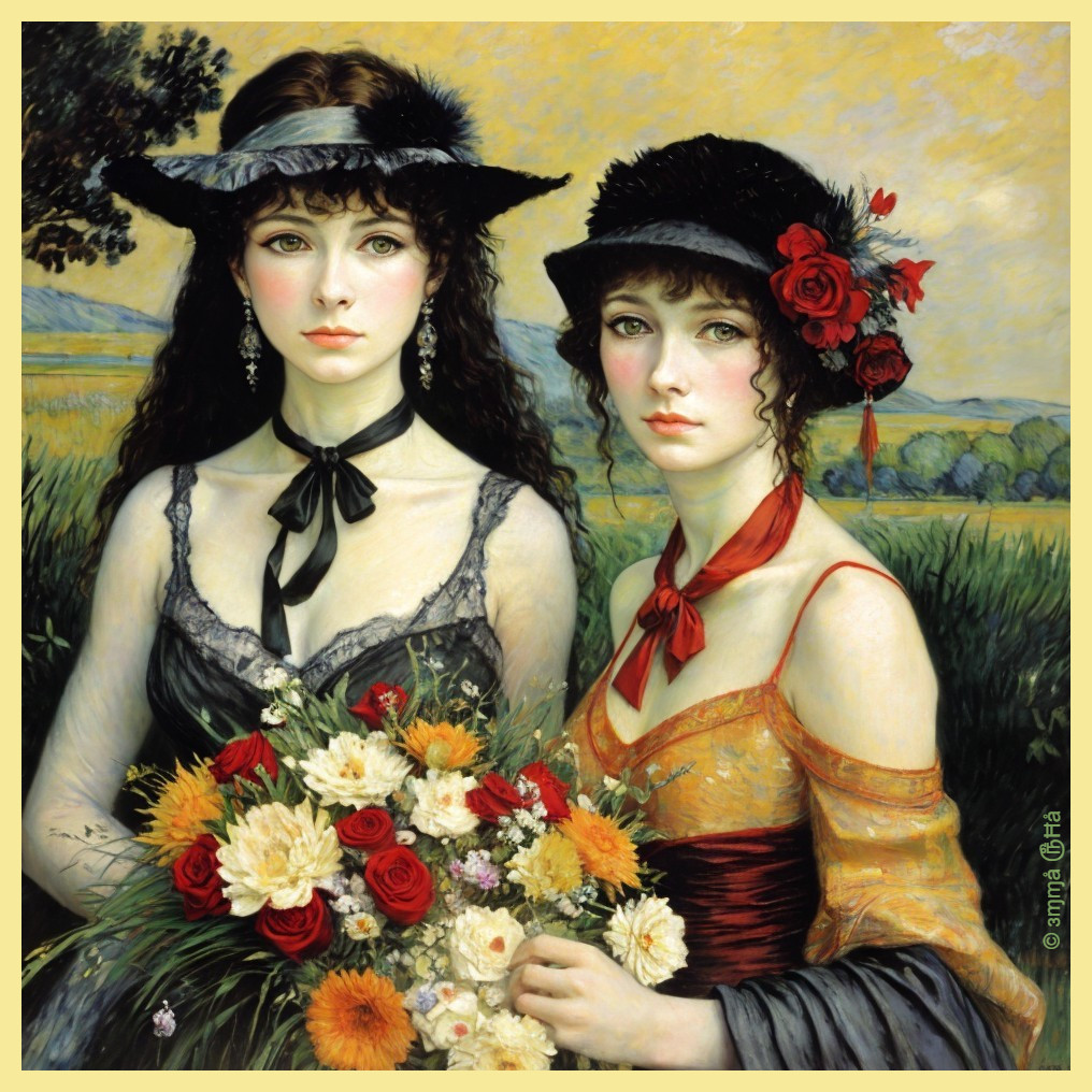 Young Women in Elegant Attire in Lush Landscape