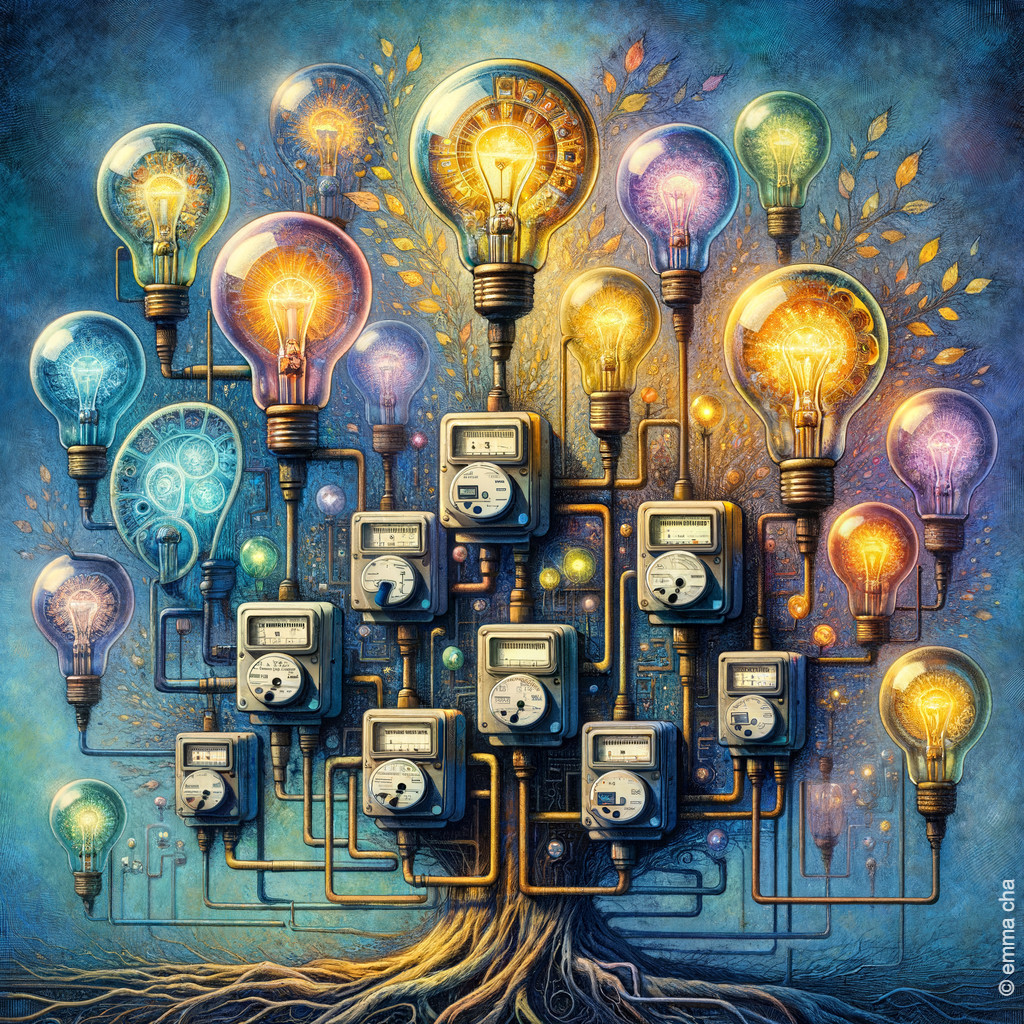 Surreal Tree Art with Light Bulbs and Colorful Wires