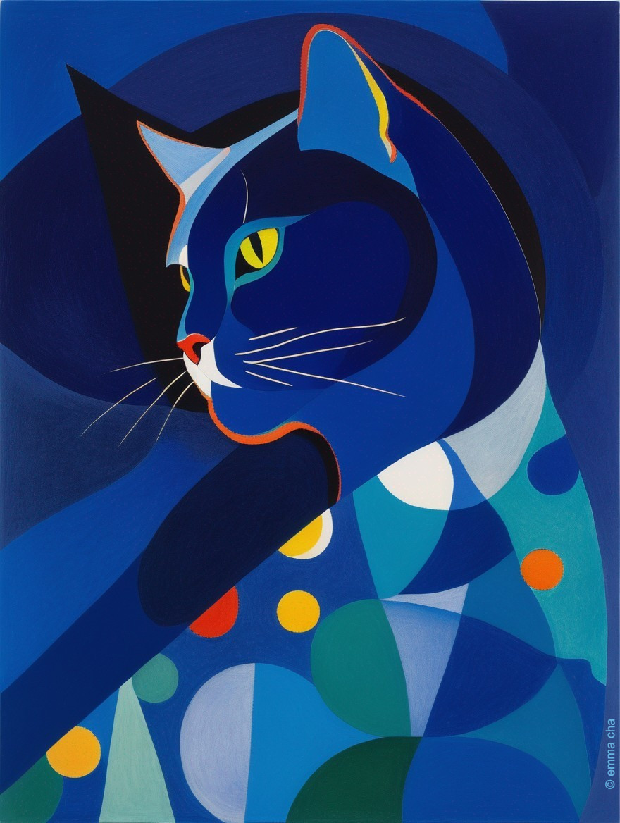 Abstract Cat Profile in Vibrant Colors on Blue Background