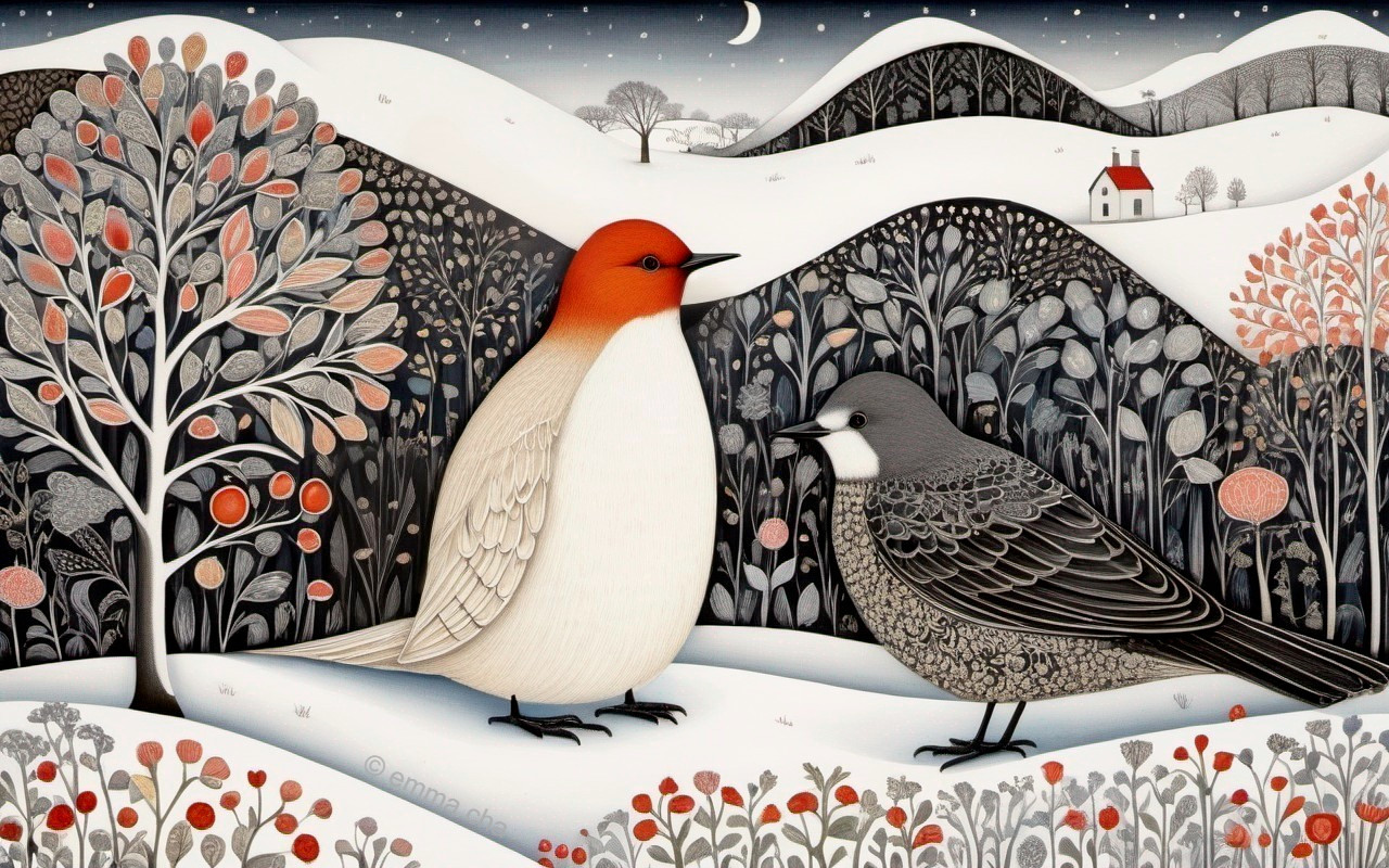Whimsical Winter Scene with Birds and Snowy Landscape