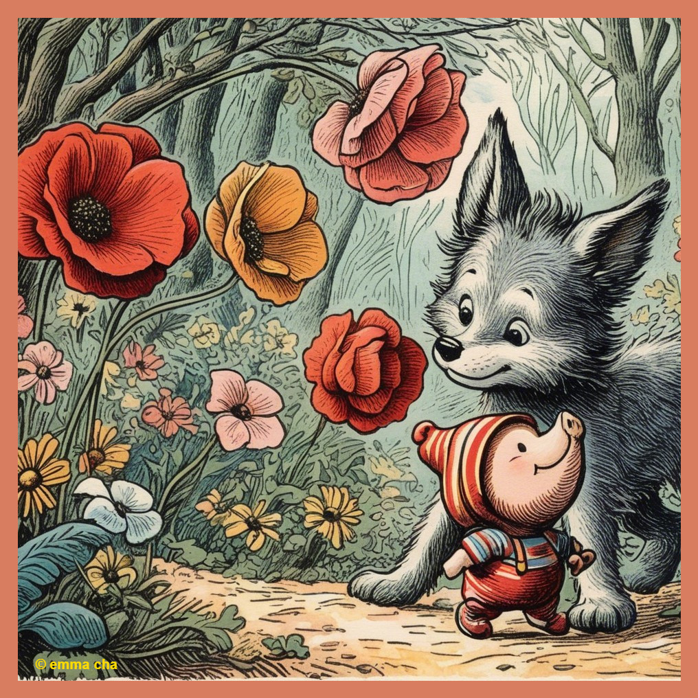 Whimsical Forest Scene with Cartoonish Gray Wolf