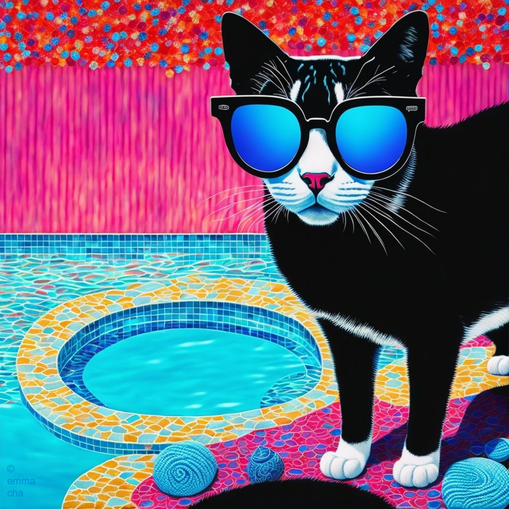 Black and White Cat with Sunglasses by Poolside