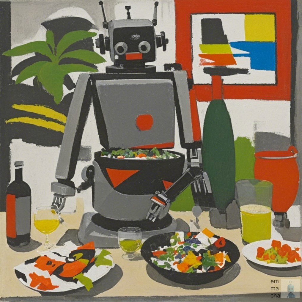 Stylized Robot Prepares Vibrant Salad in Lively Kitchen