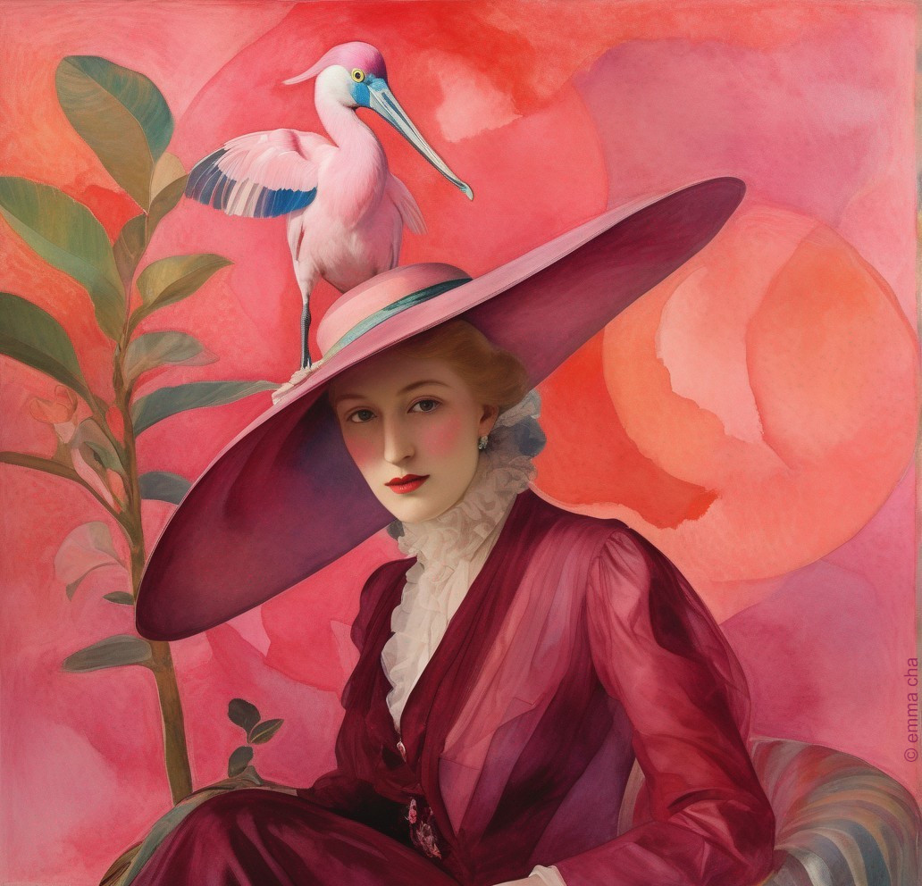 Elegant Woman in Vintage Outfit with Pink Hat and Bird