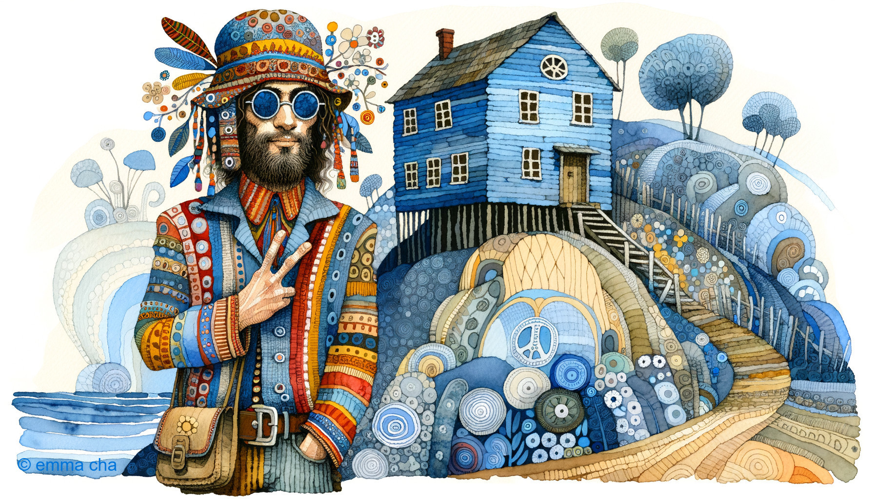 Colorful Whimsical Scene with Peace-Signing Figure