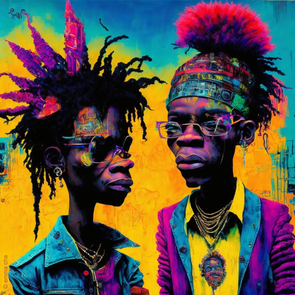 Vibrant Portrait of Two Figures with Bold Styles