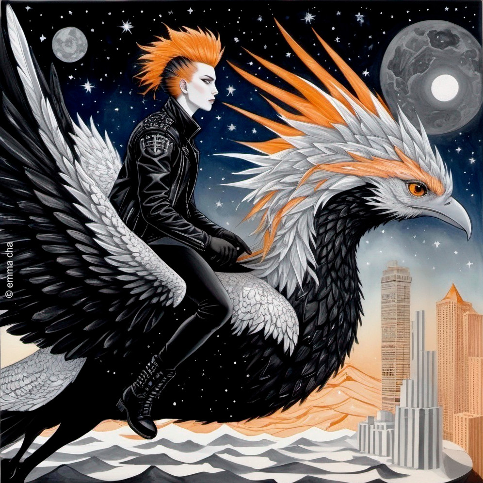 Figure with Spiky Orange Hair Riding a Griffin