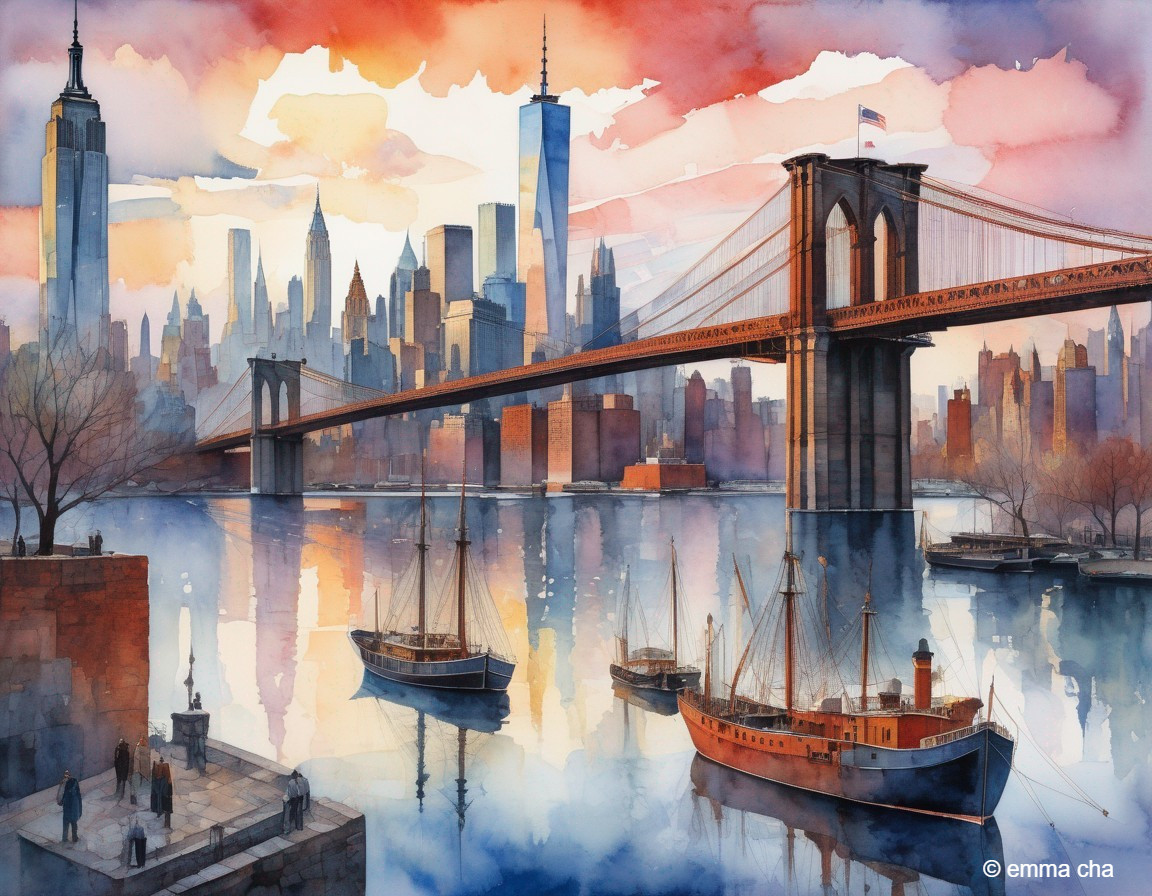 Brooklyn Bridge Watercolor with NYC Skyline Reflection