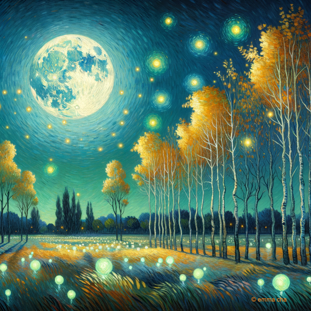 Moonlit Night with Fireflies and Starry Sky Artwork