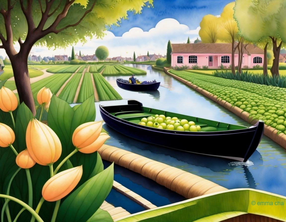 Idyllic Canal Landscape with Boats and Tulips