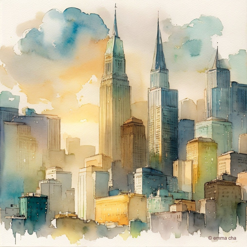 Watercolor Painting of Dusk City Skyline with Skyscrapers