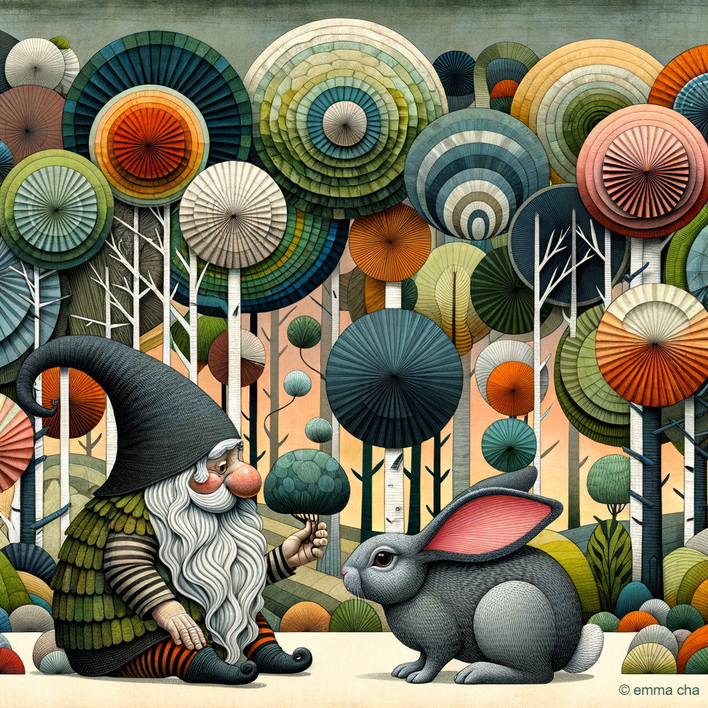 Cheerful Gnome and Rabbit in Whimsical Forest Setting