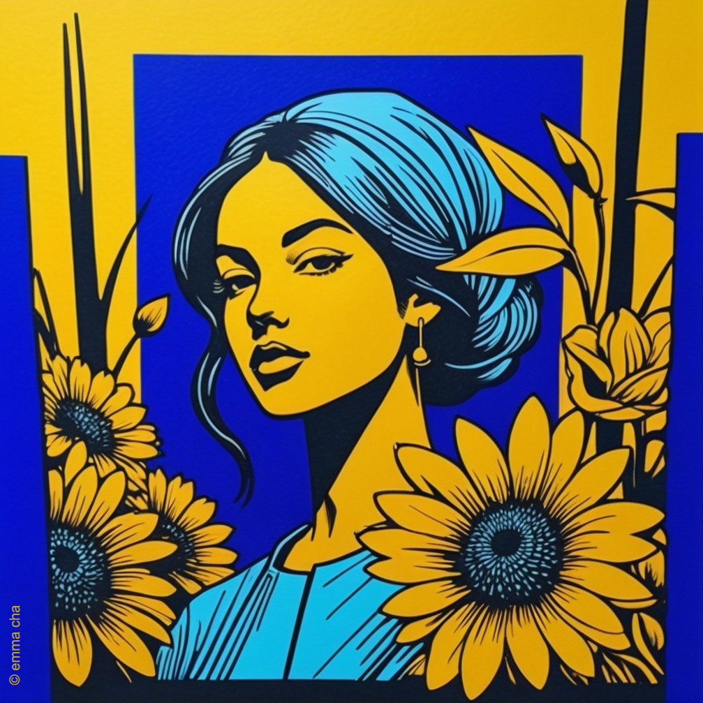 Stylized portrait of a young woman with sunflowers